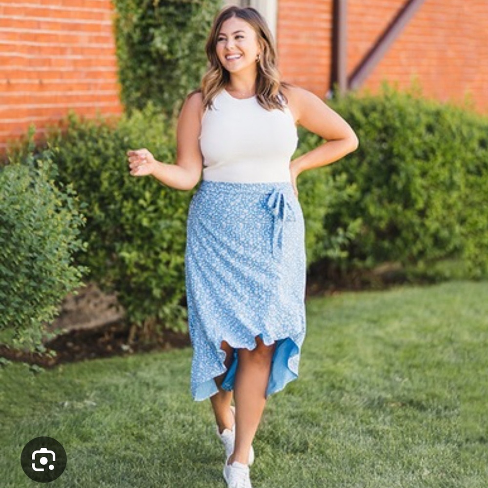Blue Asymmetrical Wrap Midi Skirt